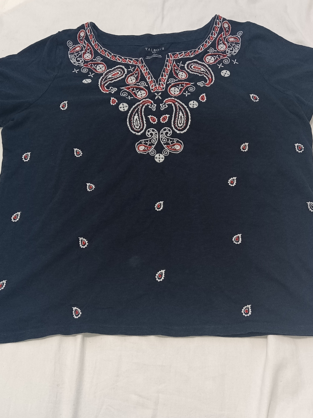 Talbots Navy Embroidered Beaded Paisley Short Sleeve Boho Cotton 2X Top